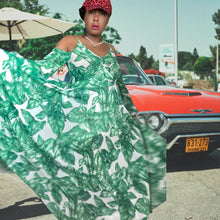 Load image into Gallery viewer, Cindi Bindi Leaf Print Cold Shoulder Maxi Dress size L