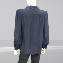 Load image into Gallery viewer, J.Crew ❌ Ralph Lauren Custom Navy Silk Button Down Blouse with Fringe size M/10