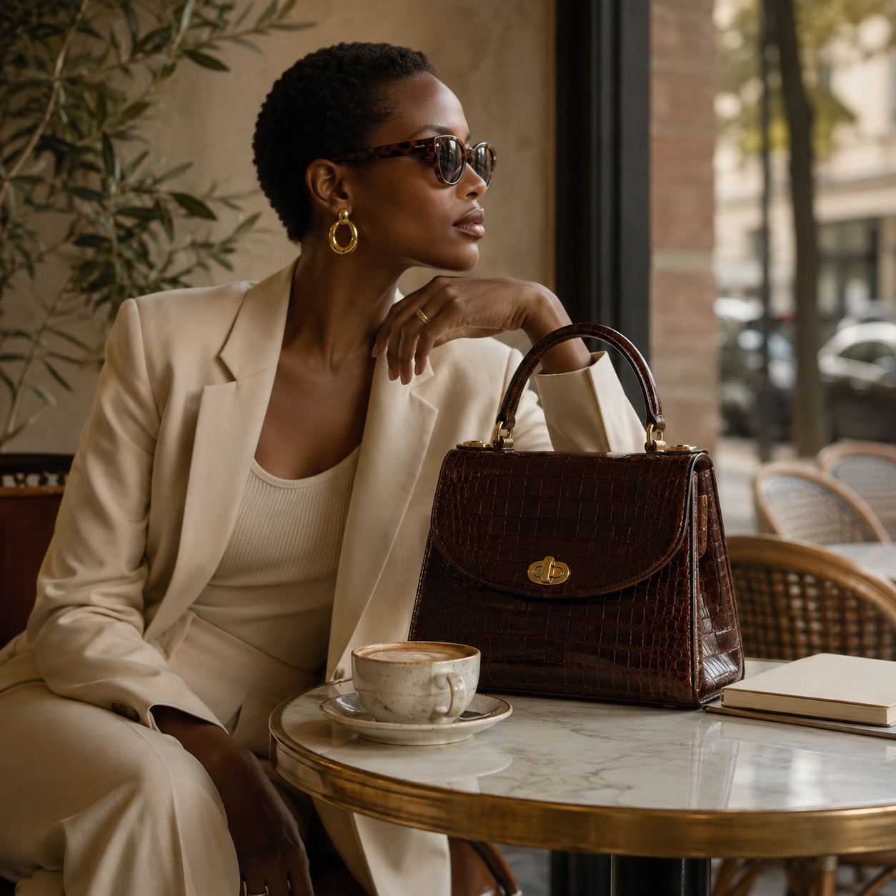 Black woman in a neutral suit holding a vintage black floral handbag at a sunlit café table.