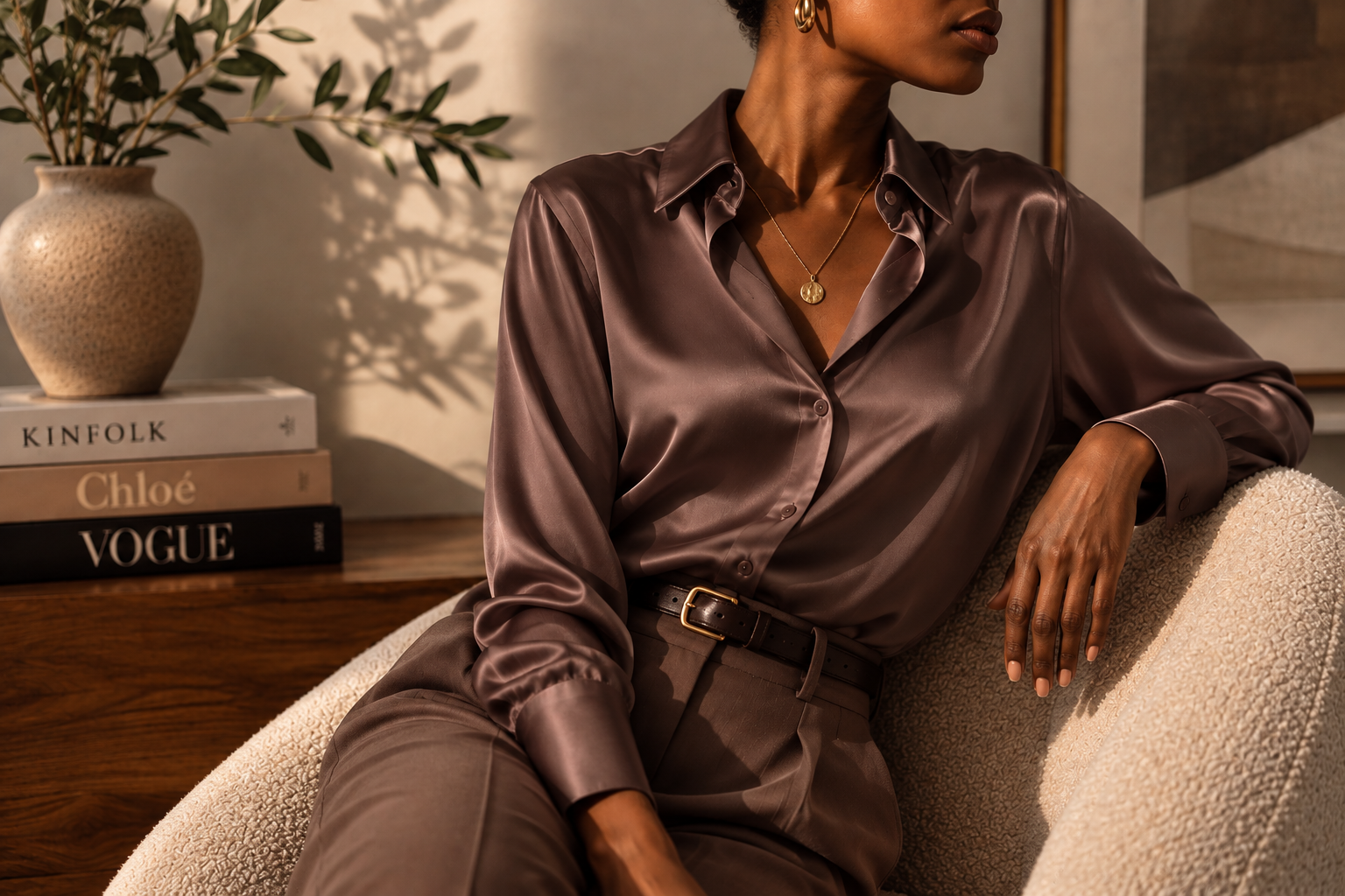 Black model wearing a cream vintage-inspired bow blouse with black trousers