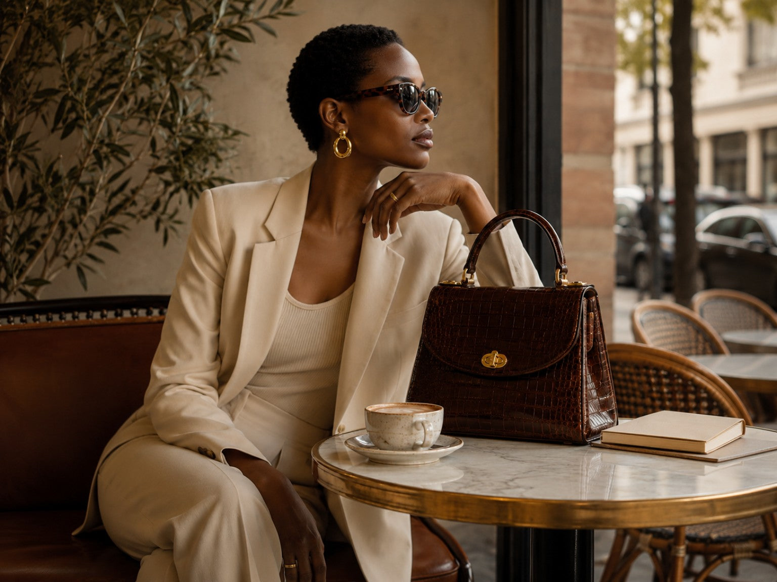 Black woman in a neutral suit holding a vintage black floral handbag at a sunlit café table.