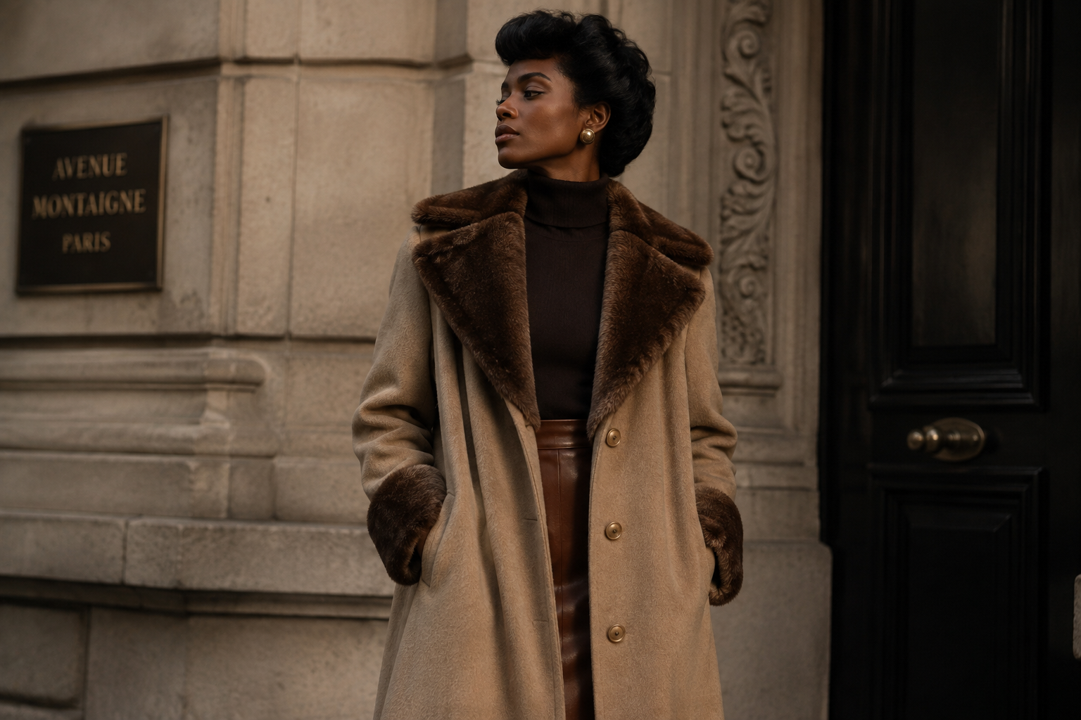 Black model wearing a vintage statement coat in an autumn city park