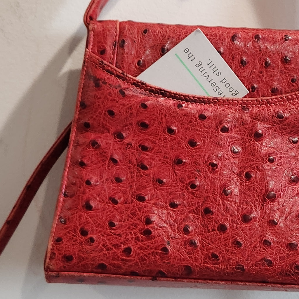 Close-up detail of the ostrich-embossed texture on the back of vintage Mike's Collection red mini handbag