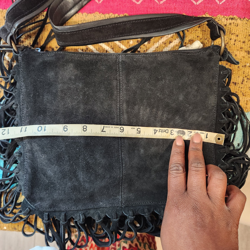 Original photo: tape measure across the front of the vintage EGO fringe bag