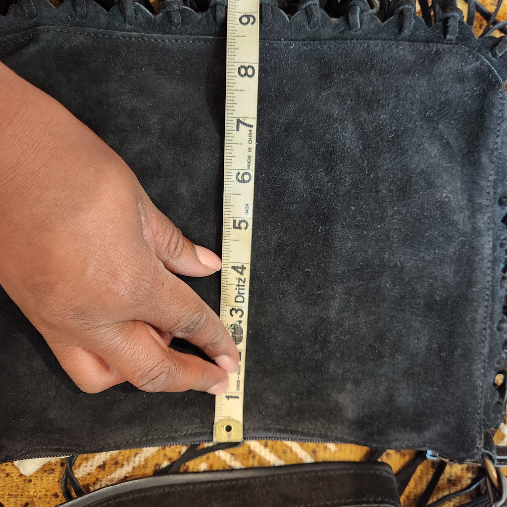 Original photo: tape measure down the front of the vintage EGO fringe bag