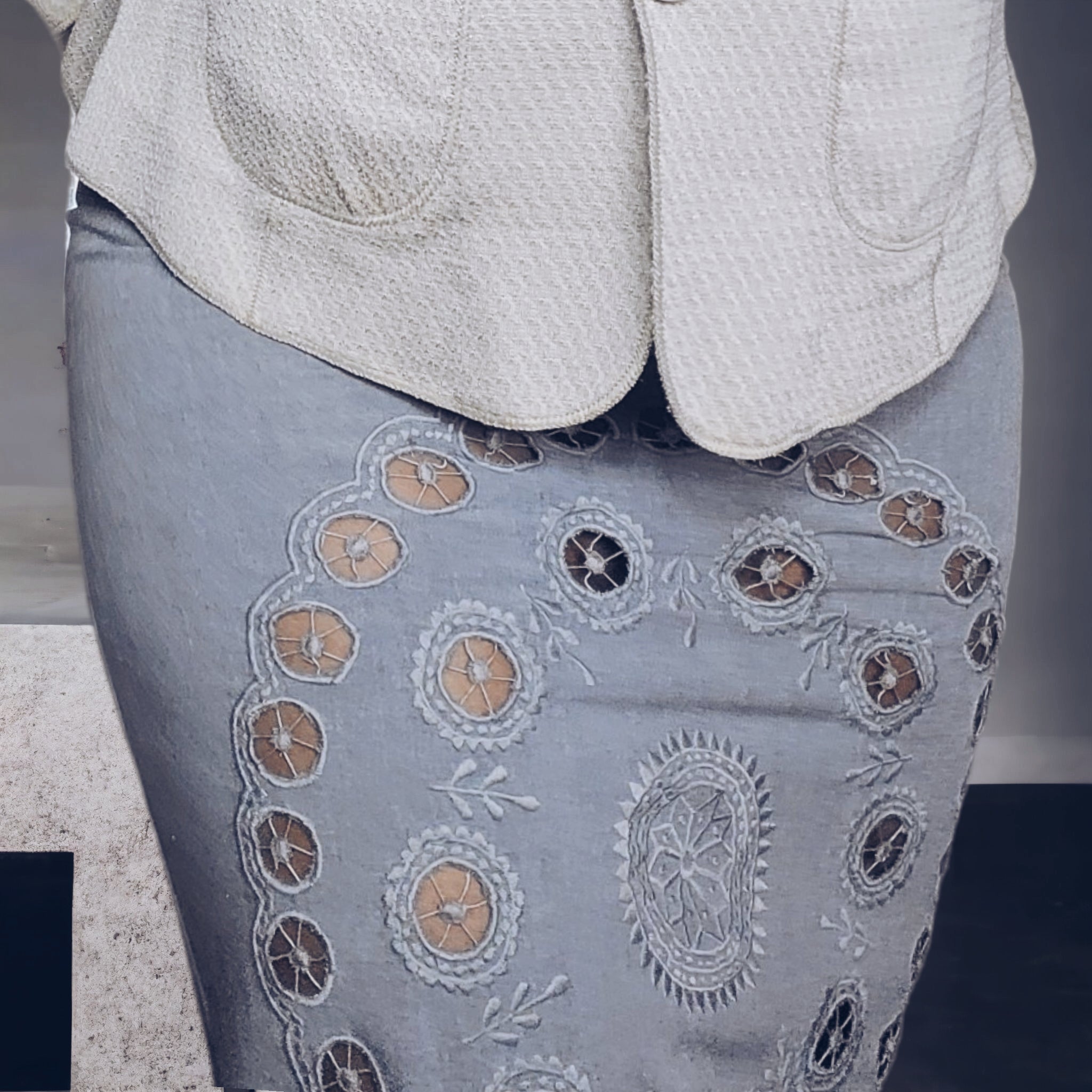 Rare Sea Broderie-anglaise Grey Wool Twill Skirt Size M