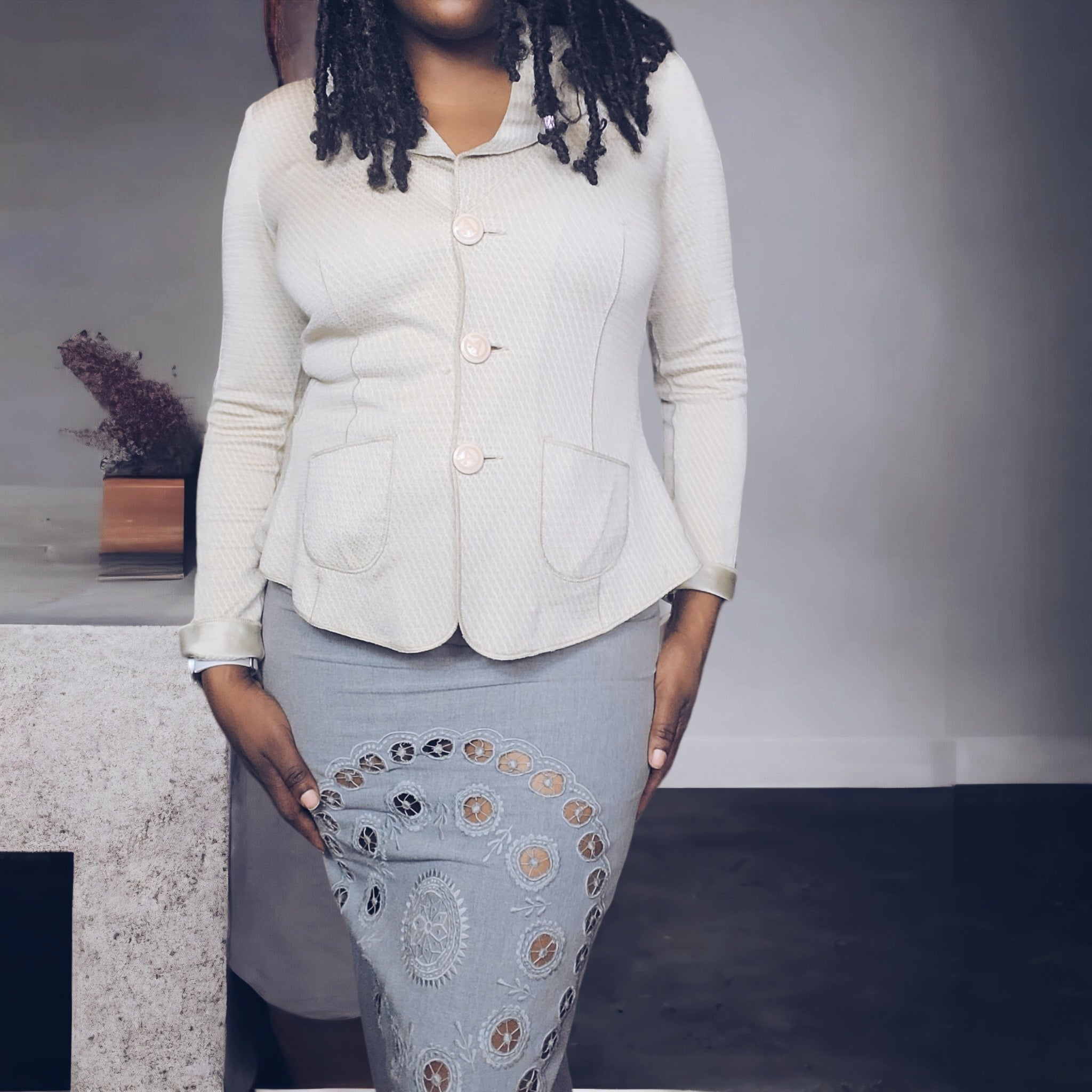 Rare Sea Broderie-anglaise Grey Wool Twill Skirt Size M