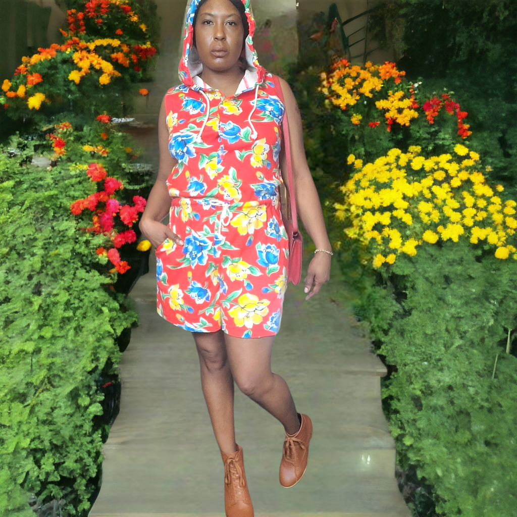 90s Vintage Adrienne Vittadini Floral Hooded Romper Size M