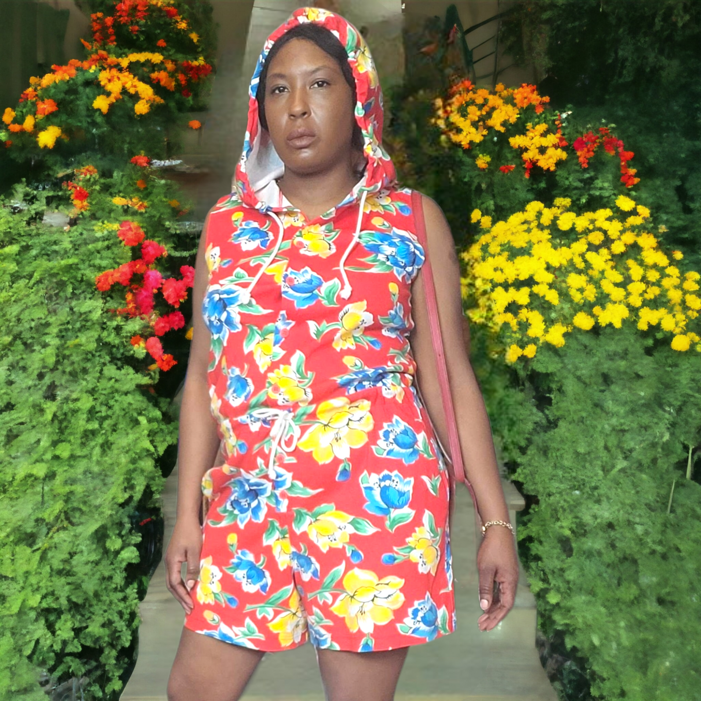 90s Vintage Adrienne Vittadini Floral Hooded Romper Size M