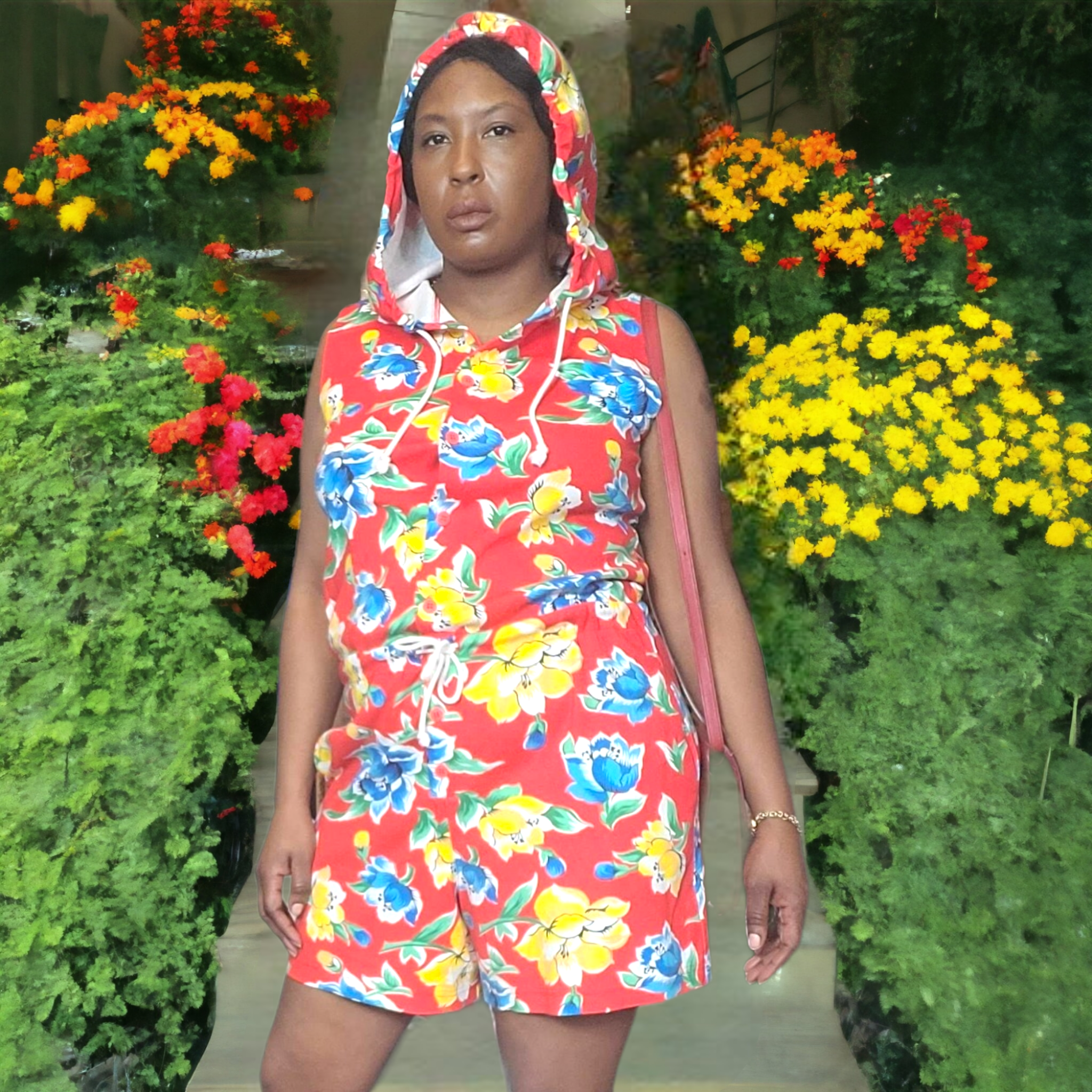 90s Vintage Adrienne Vittadini Floral Hooded Romper Size M