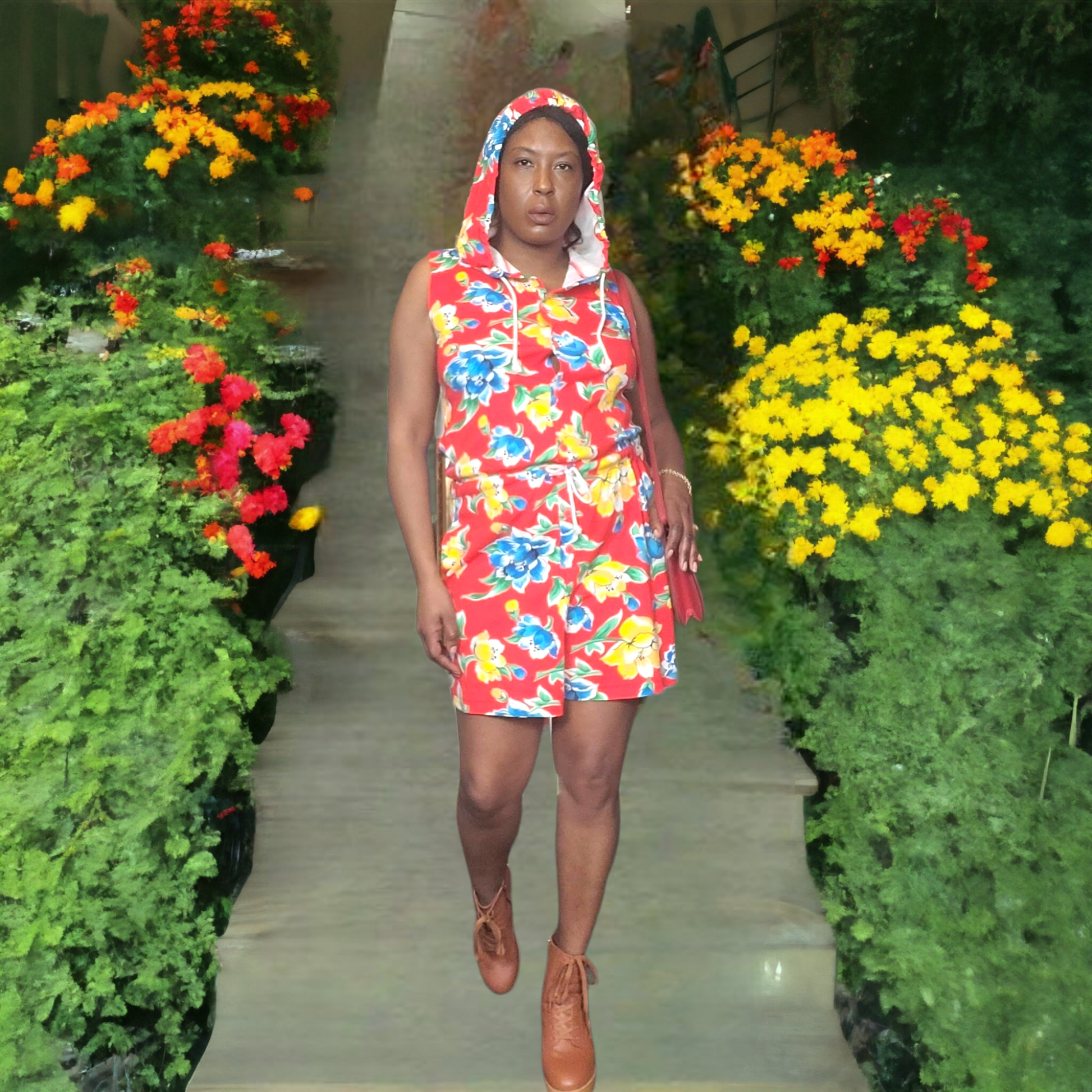 90s Vintage Cotton Red Floral Romper With Hood Lucille Golden Vintage