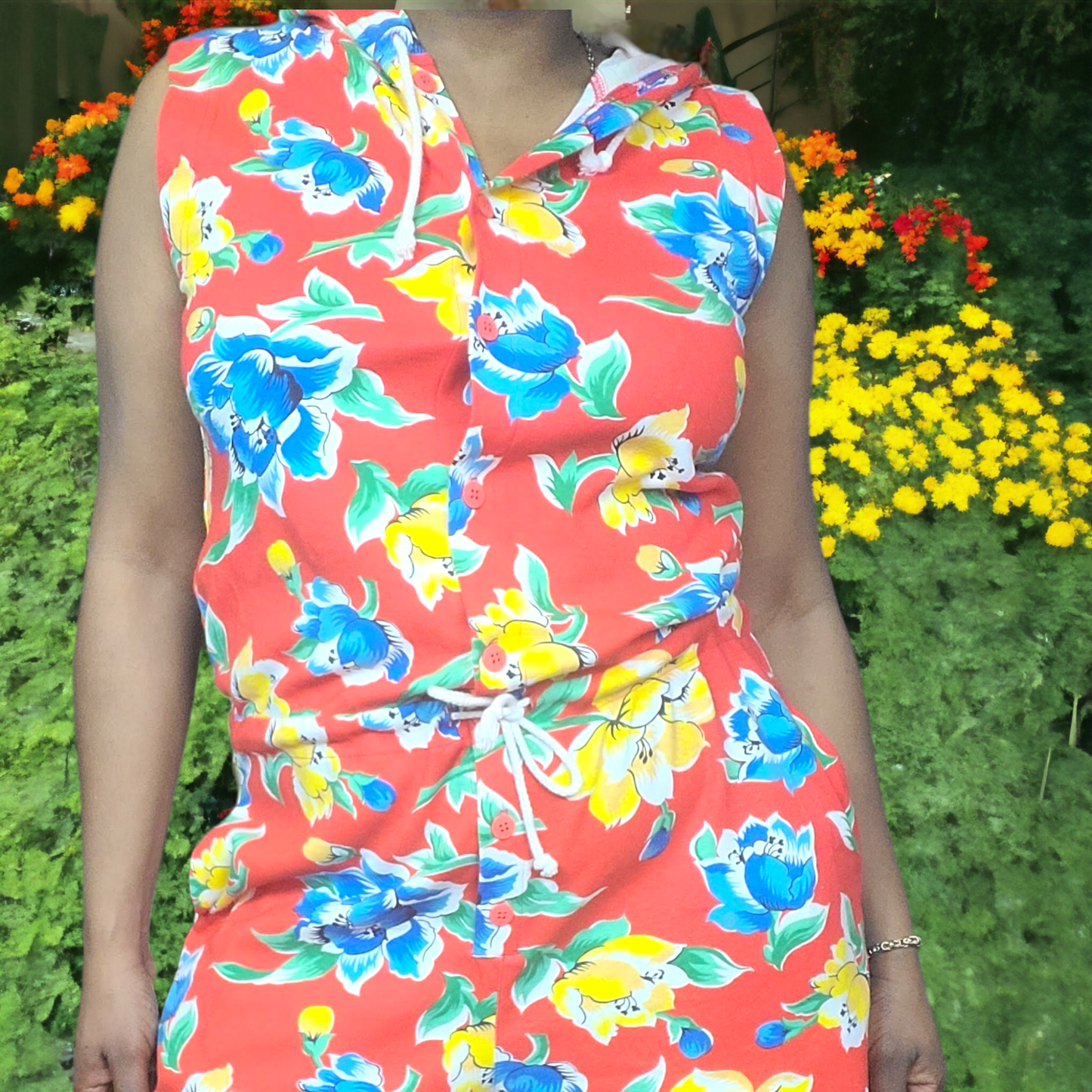 90s Vintage Adrienne Vittadini Floral Hooded Romper Size M