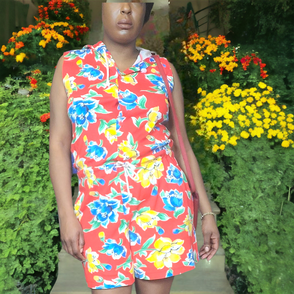 90s Vintage Cotton Red Floral Romper With Hood Lucille Golden Vintage