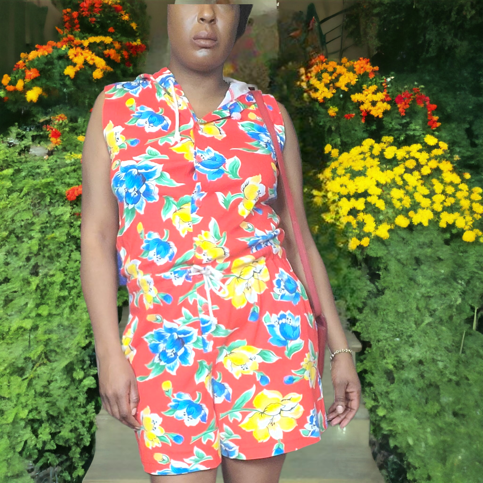 90s Vintage Cotton Red Floral Romper With Hood Lucille Golden Vintage