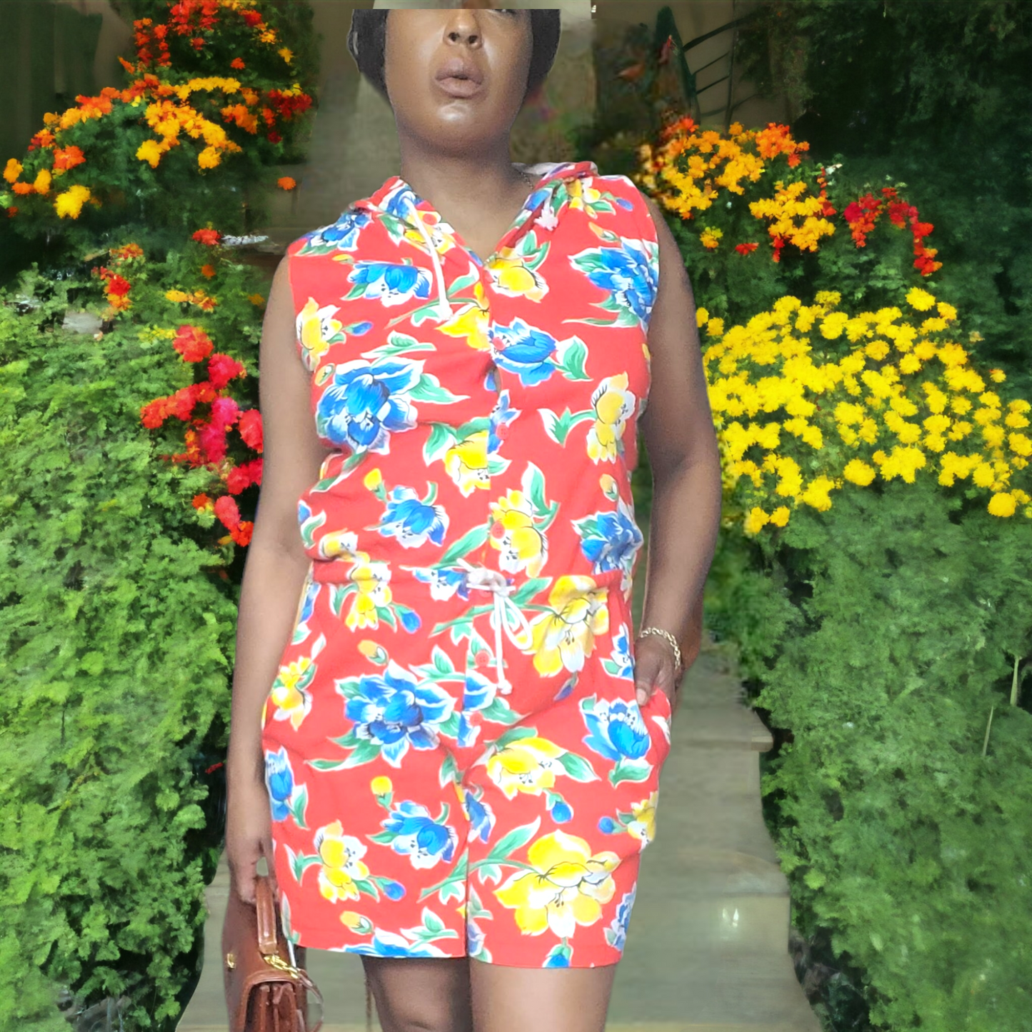 90s Vintage Adrienne Vittadini Floral Hooded Romper Size M