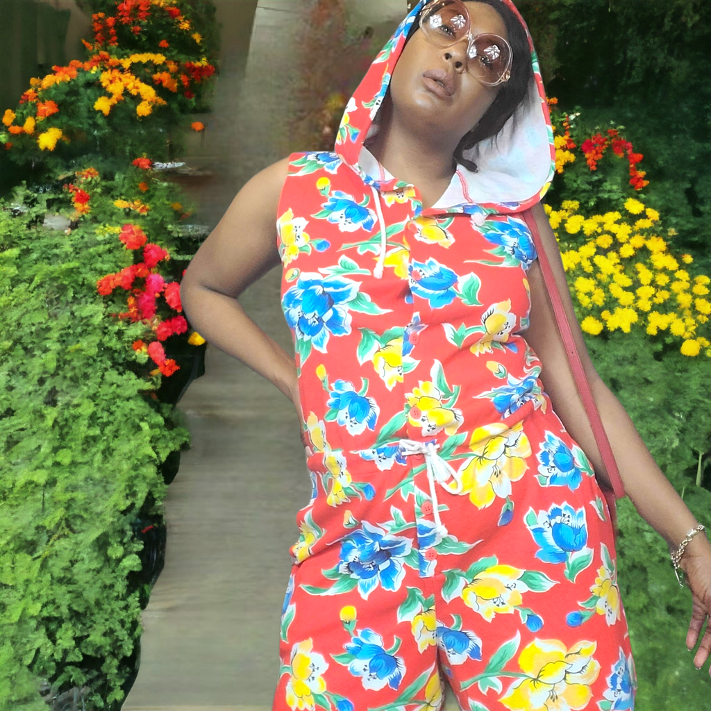 90s Vintage Cotton Red Floral Romper With Hood Lucille Golden Vintage