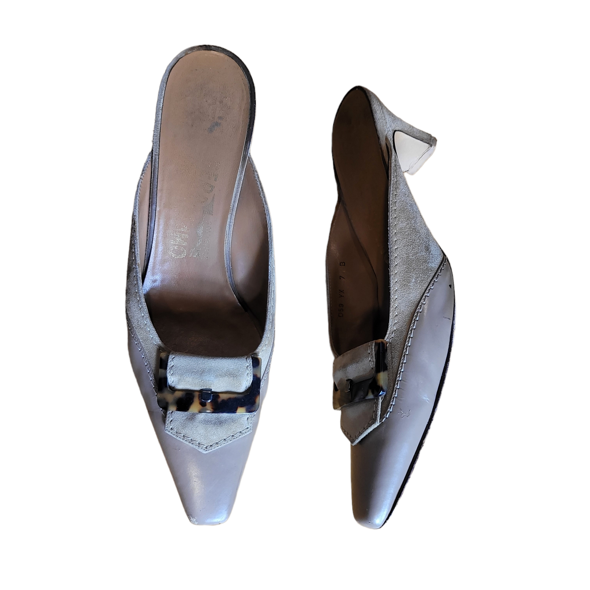 1990s Vintage Salvatore Ferragamo Slide in Mules -Vintage Kitten Heels-Lucille Golden Vintage Shoes 