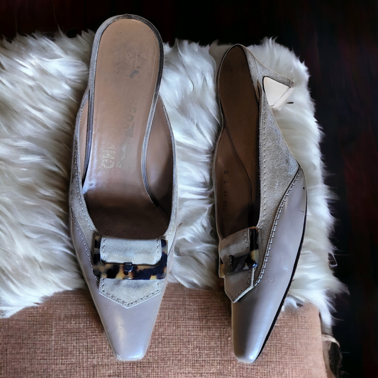 1990s Vintage Salvatore Ferragamo Slide in Mules -Vintage Kitten Heels-Lucille Golden Vintage Shoes 