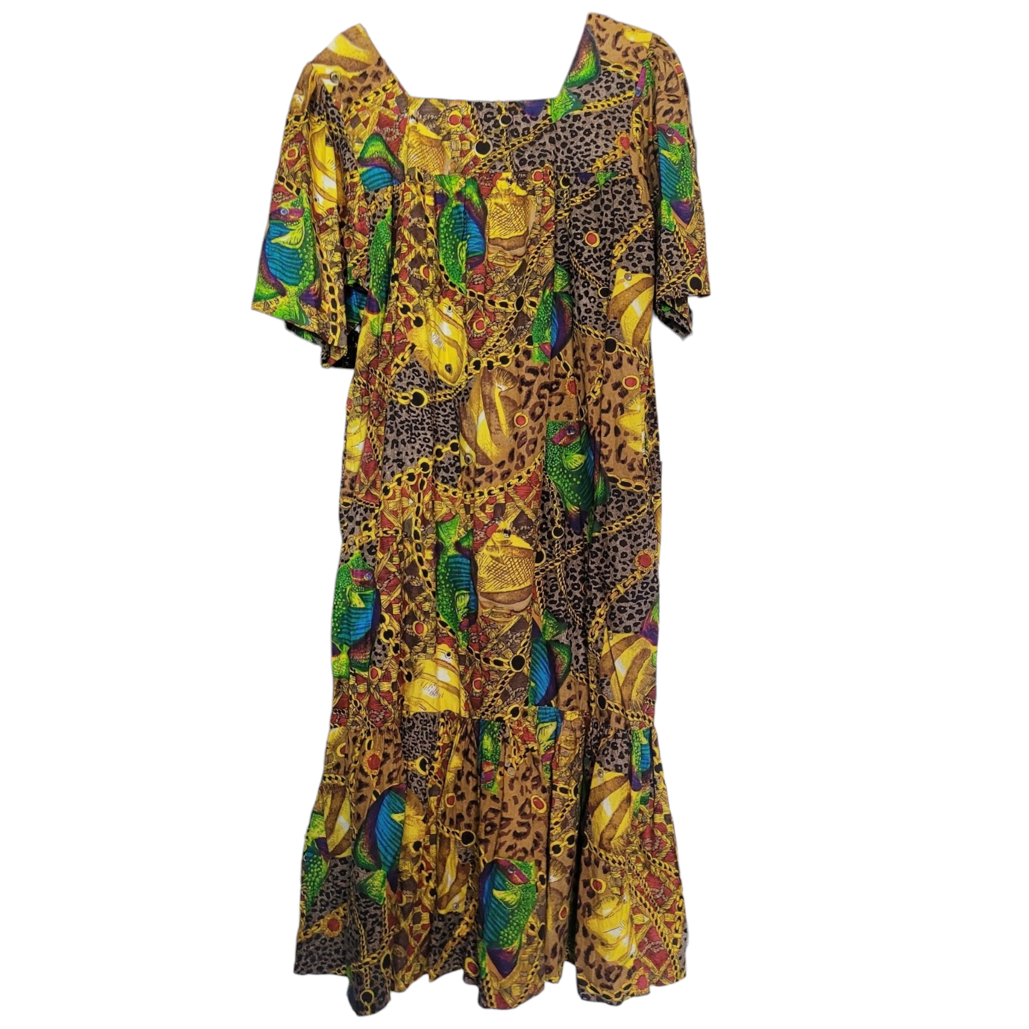 80s Vintage MuMu Phases Tropical Safari Cotton Maxi Dress Size XL, Mrs Roper Costume 80s Vintage MuMu Phases Tropical Safari Cotton Maxi Dress Size XL, Mrs Roper Costume