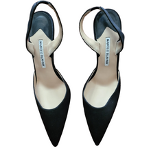 Load image into Gallery viewer, Black Satin Manolo Blahnik Carolyne Pointy Toe Slingback Pump Preowned Lucille Golden Vintage Shop Preloved Shoes
