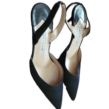 Load image into Gallery viewer, Manolo Blahnik Carolyne Satin Pointy Toe Black Slingback Pumps Size 40/10
