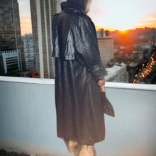 Load image into Gallery viewer, Vintage Black Leather Trench Coat- Maxi Leather Coat - Issey Miyake Pleats -Lucille Golden Vintage