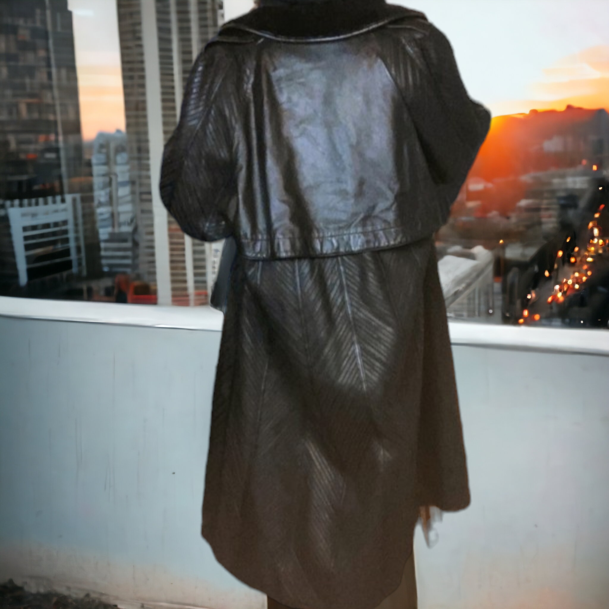 Vintage Black Pleated  Maxi Leather Coat Size L