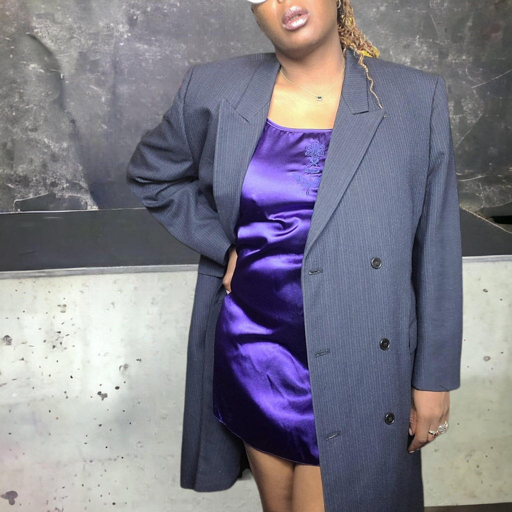 G & G Quality Clothing Pinstripe Wool Top Coat Navy Blue Vintage Mens Suit Coat Unisex Size XL