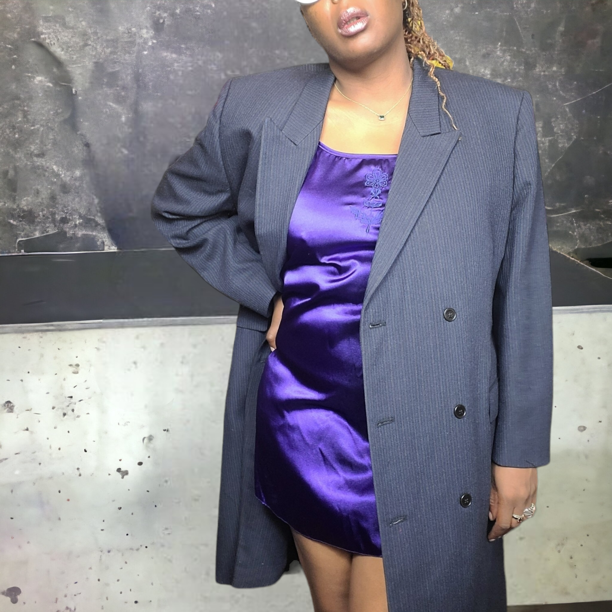 G & G Quality Clothing Pinstripe Wool Top Coat Navy Blue Vintage Mens Suit Coat Unisex Size XL