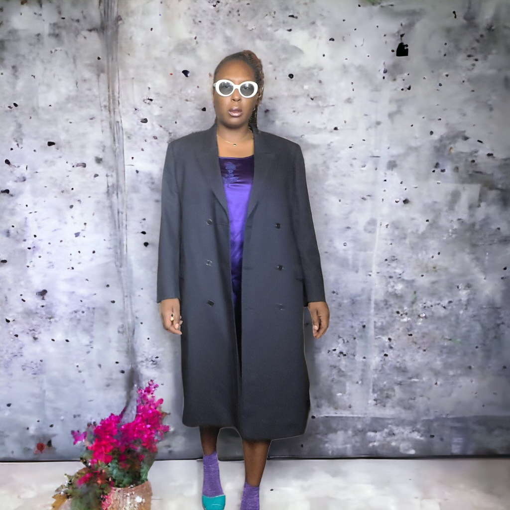 G & G Quality Clothing Pinstripe Wool Top Coat Navy Blue Vintage Mens Suit Coat Unisex Size XL