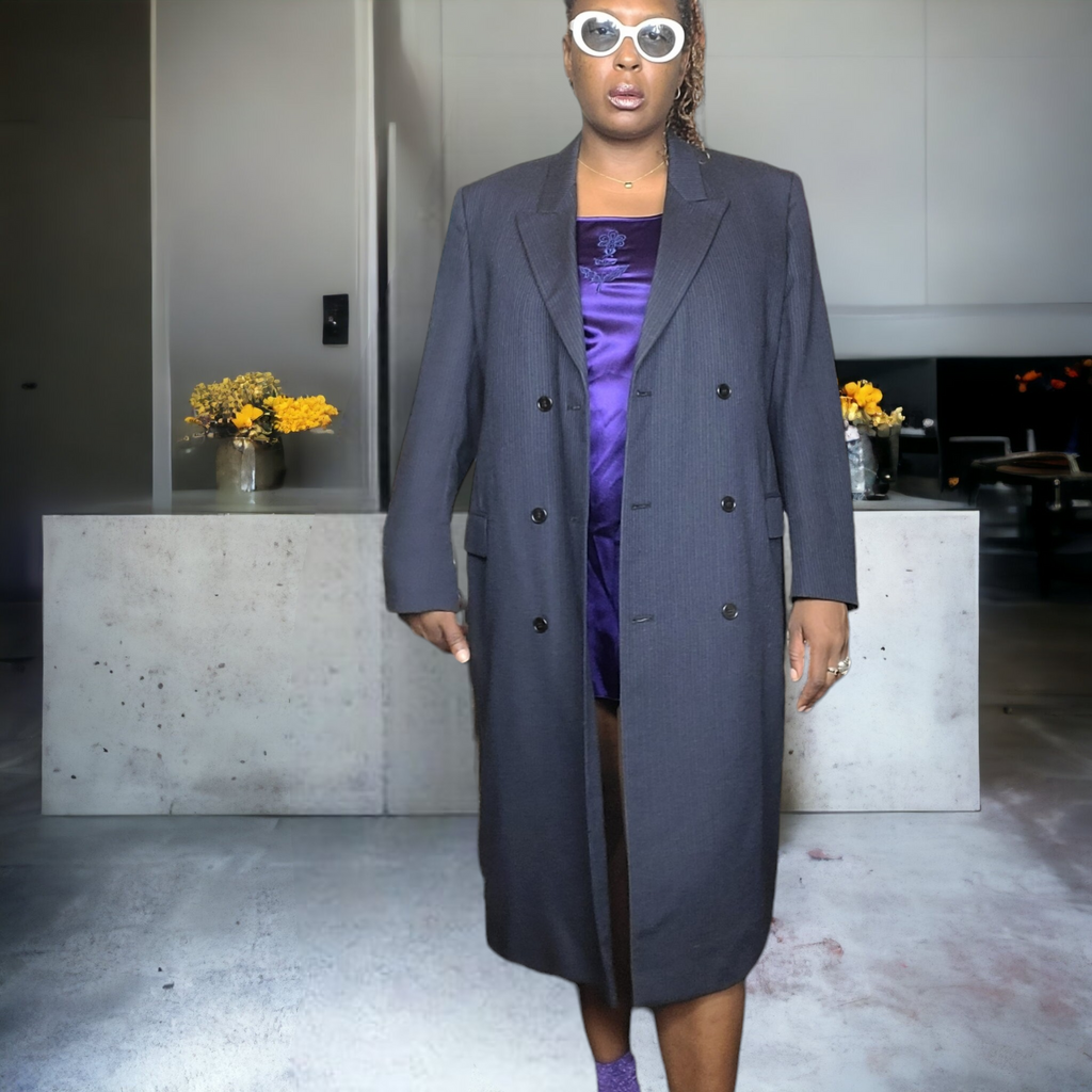 G & G Quality Clothing Pinstripe Wool Top Coat Navy Blue Vintage Mens Suit Coat Unisex Size XL