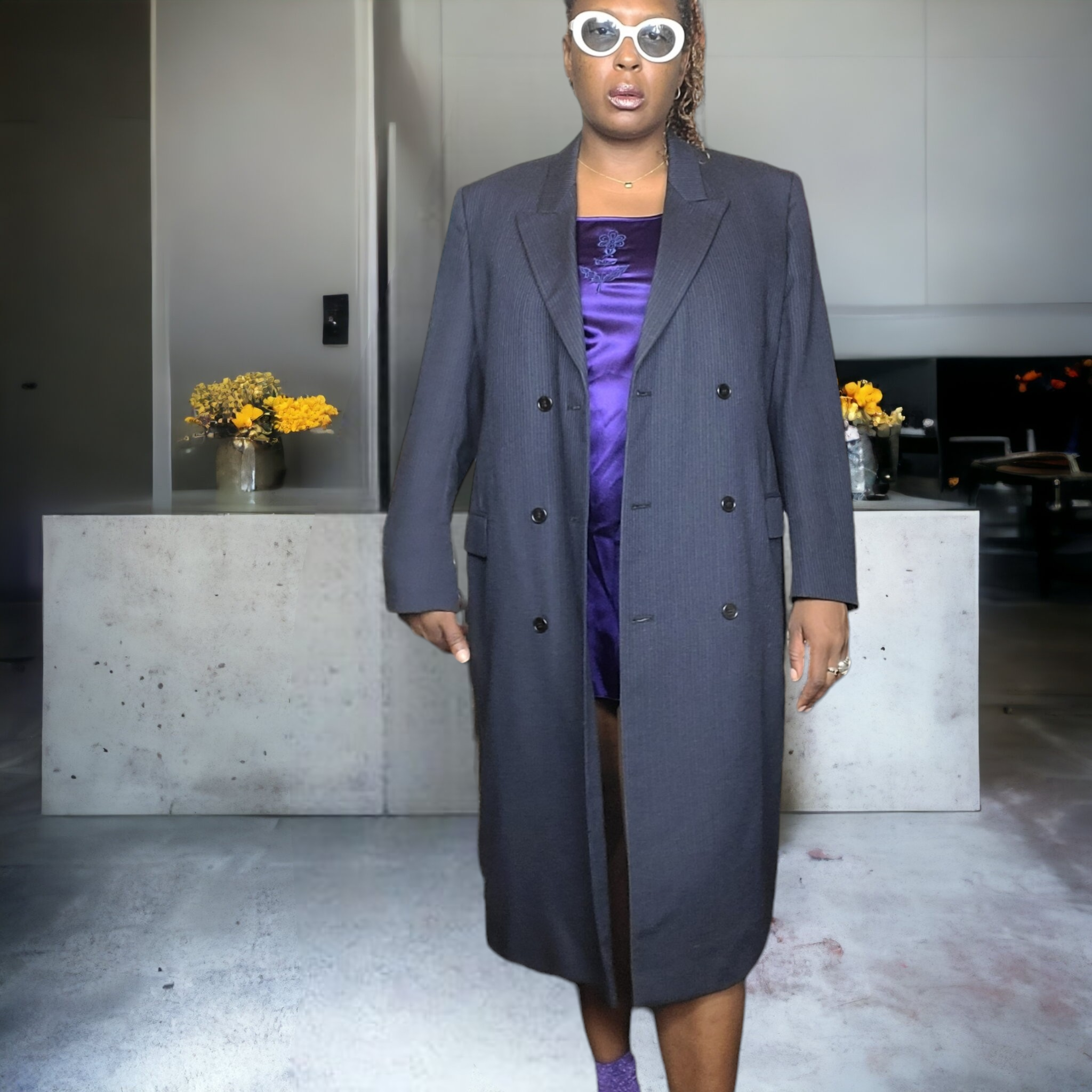 G & G Quality Clothing Pinstripe Wool Top Coat Navy Blue Vintage Mens Suit Coat Unisex Size XL