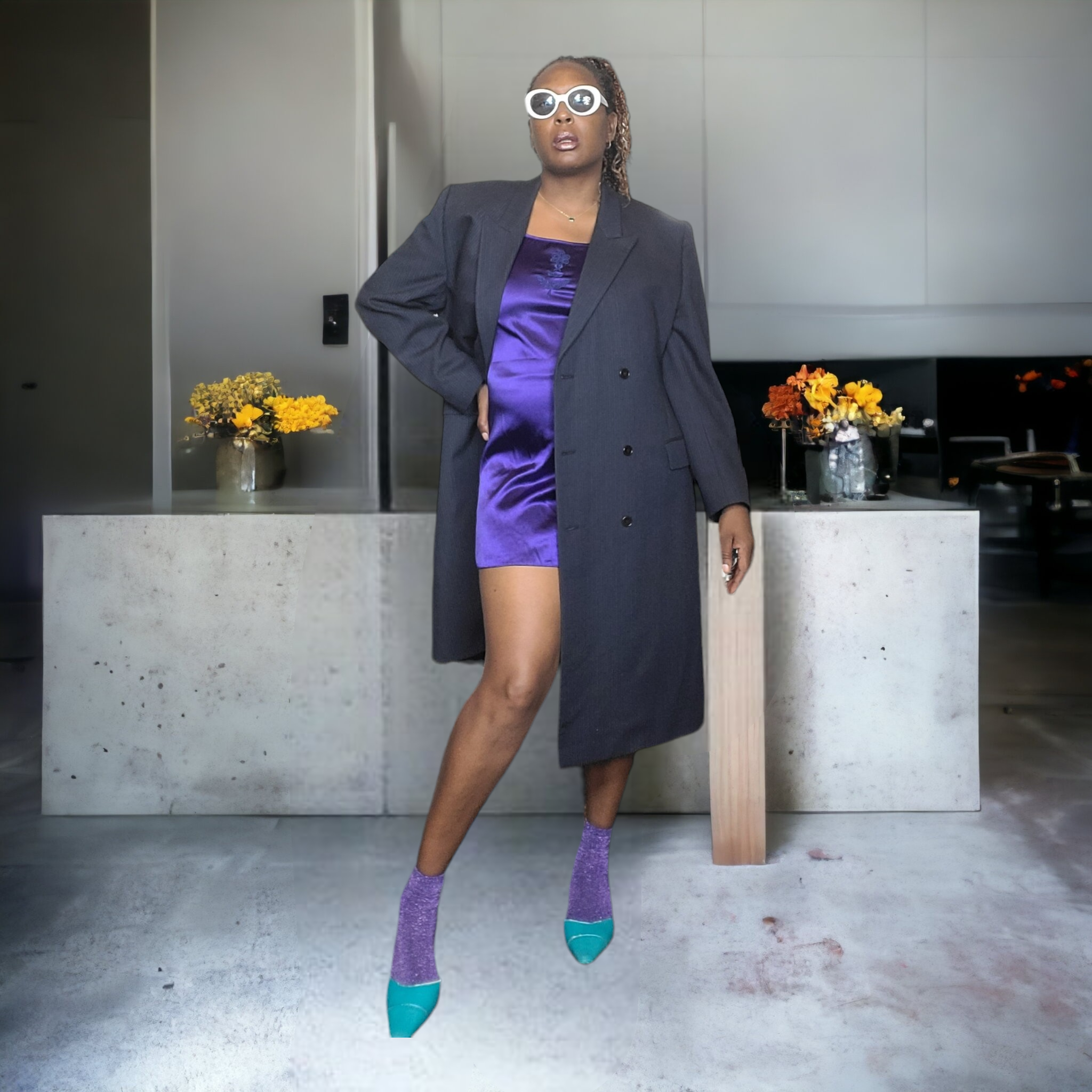 G & G Quality Clothing Pinstripe Wool Top Coat Navy Blue Vintage Mens Suit Coat Unisex Size XL