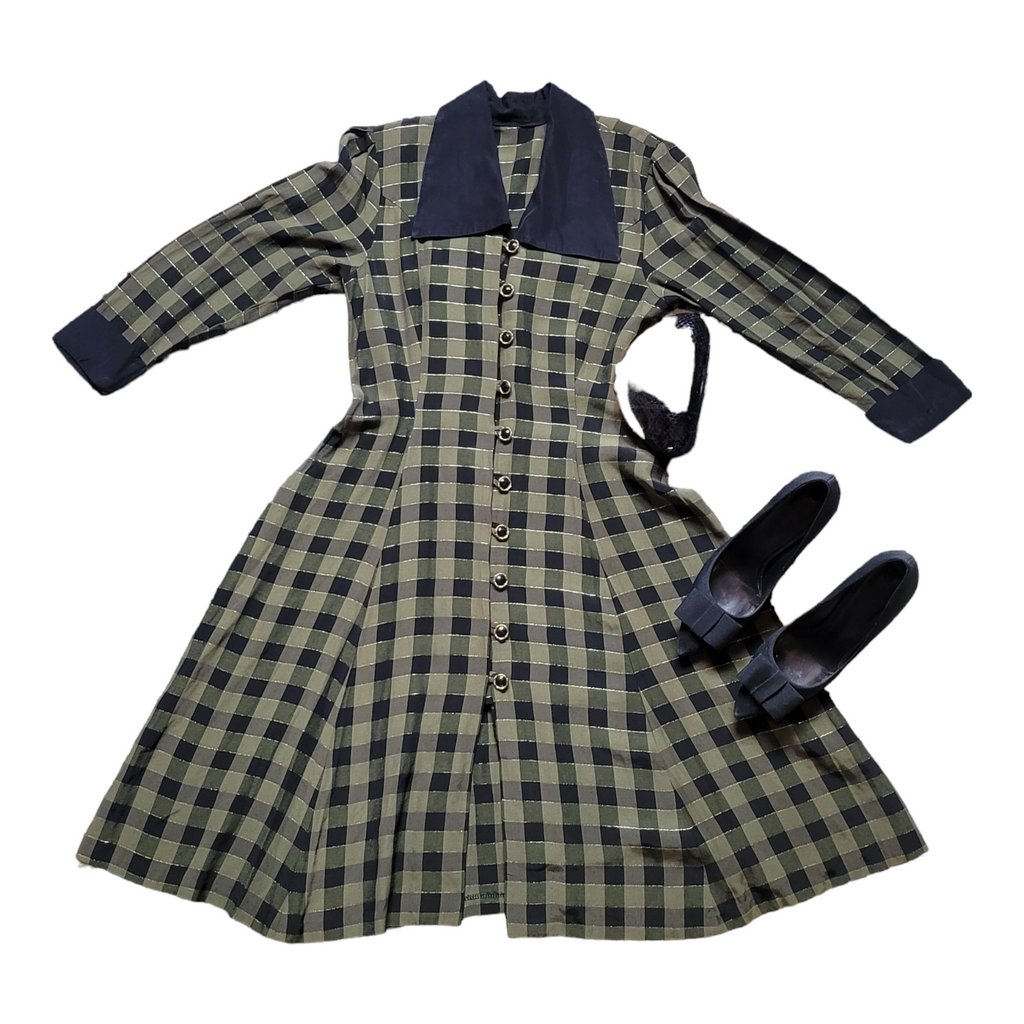 Vintage 1940s inspired 80s Green and Black Plaid Dress