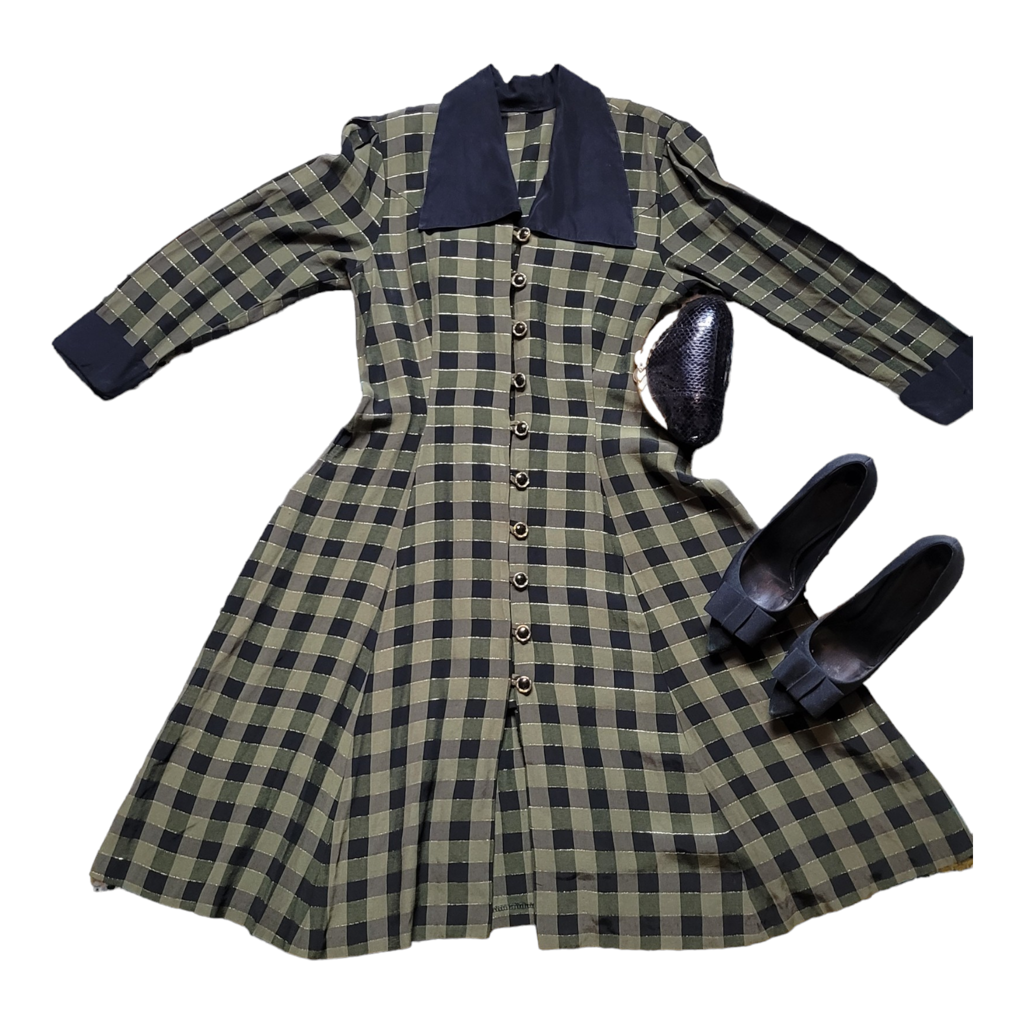 Vintage 1940s inspired 80s Green and Black Plaid Dress