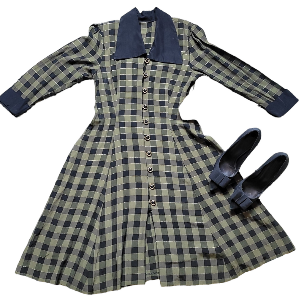Vintage 1940s inspired 80s Green and Black Plaid Dress
