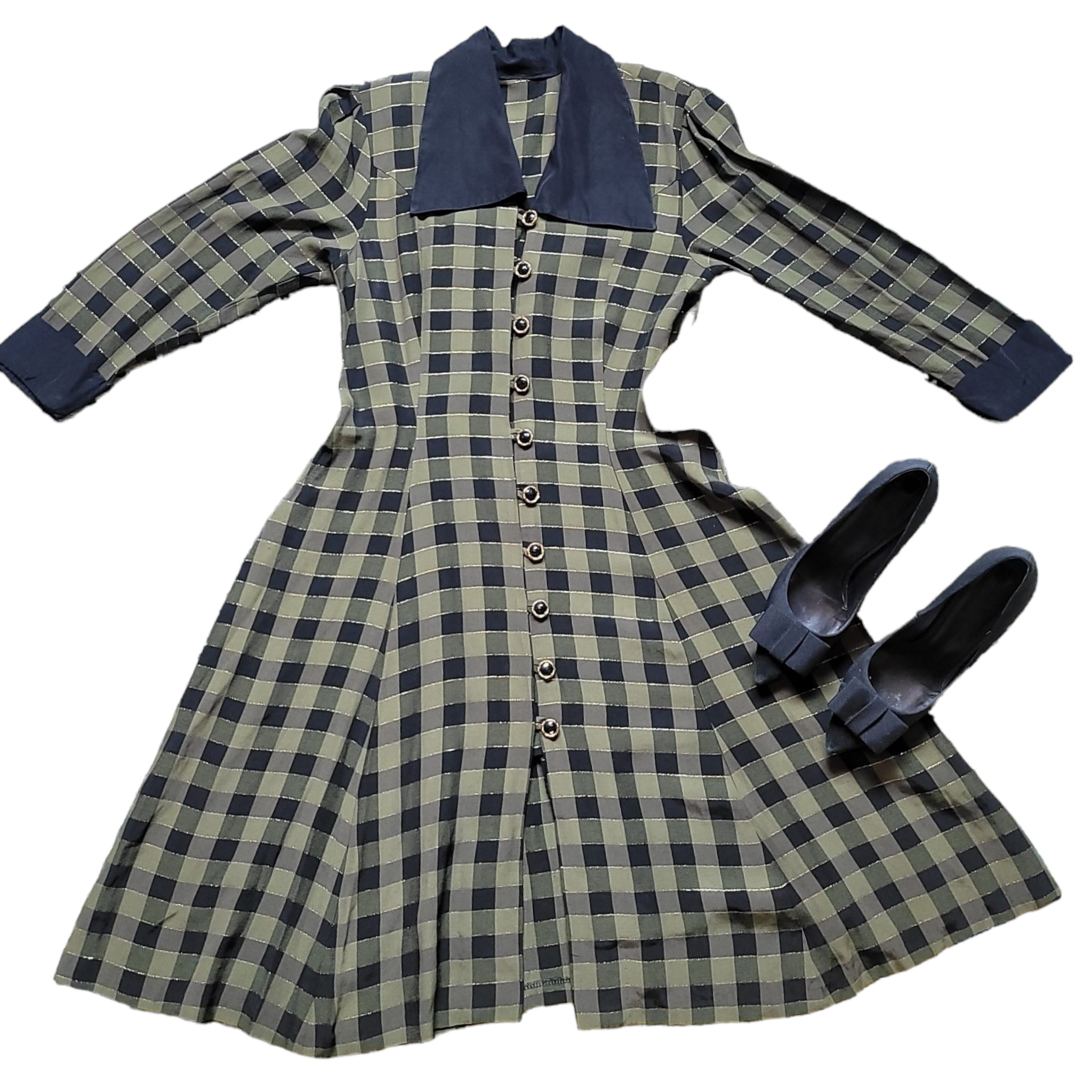 Vintage 1940s inspired 80s Green and Black Plaid Dress
