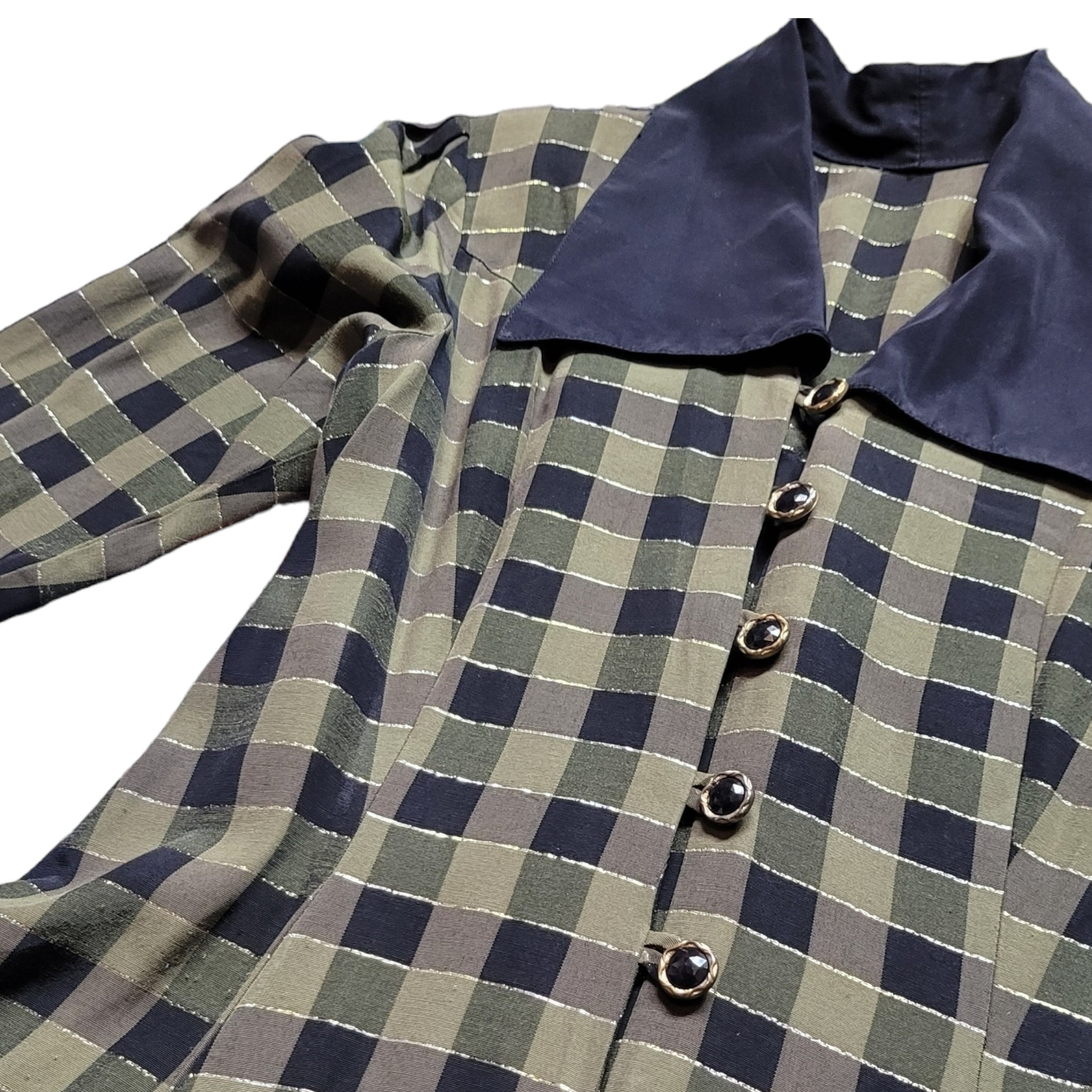 Vintage 1940s inspired 80s Green and Black Plaid Dress