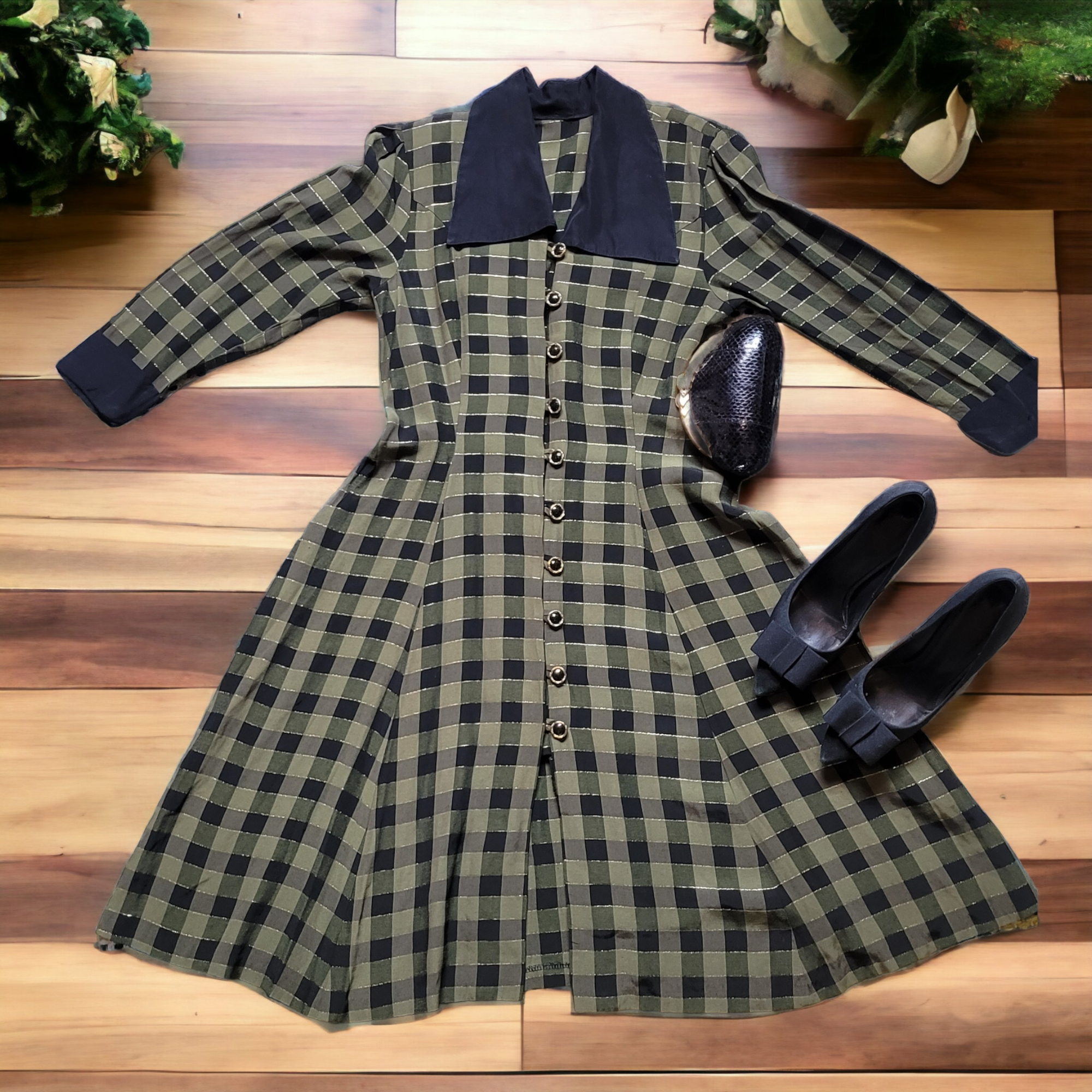 Vintage 1940s inspired 80s Green and Black Plaid Dress