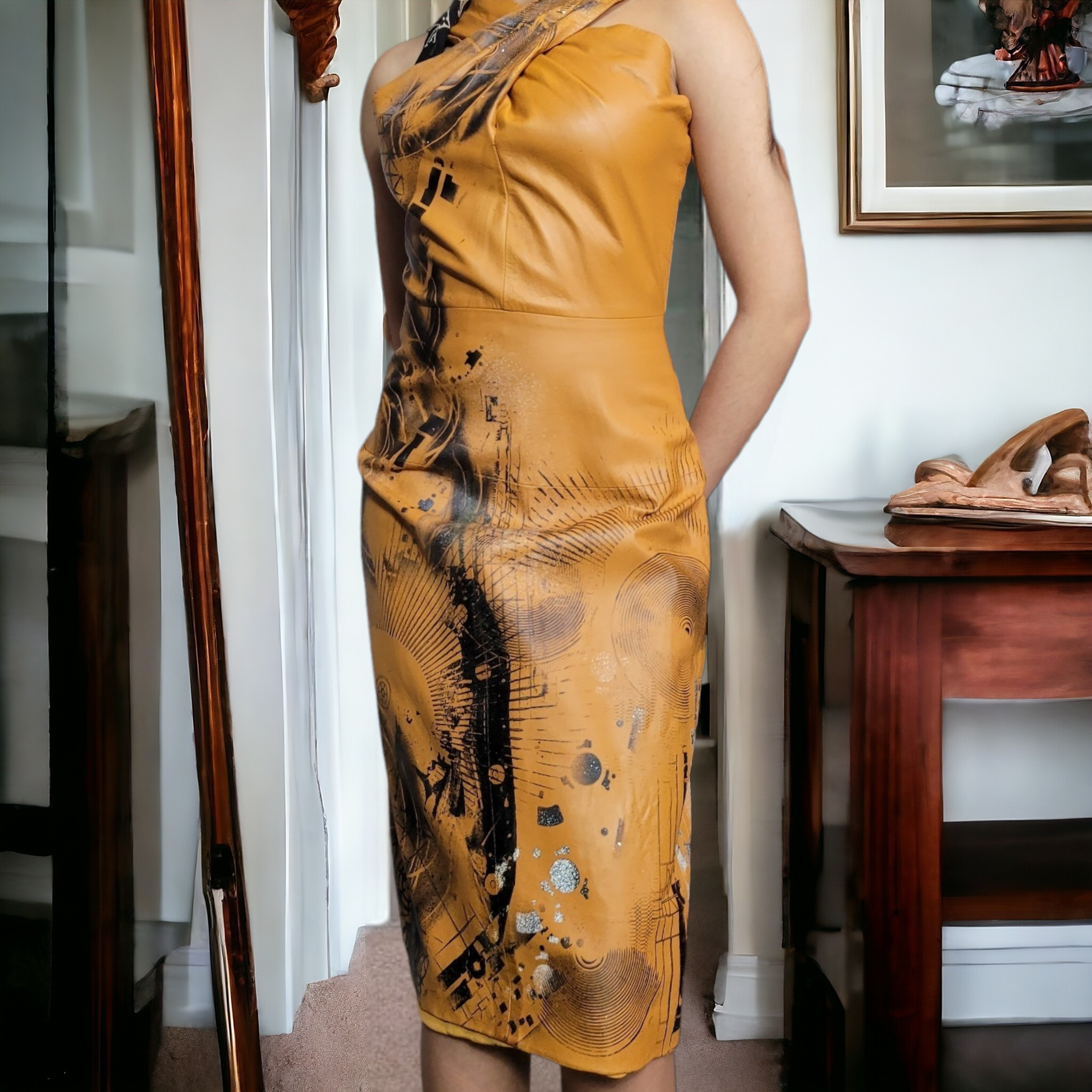 One of A Kind 90s Vintage Gucci Leather Dress Lucille Golden Vintage × Dig Ferreira Forged in Armor Hand Painted Leather Dress Size 8