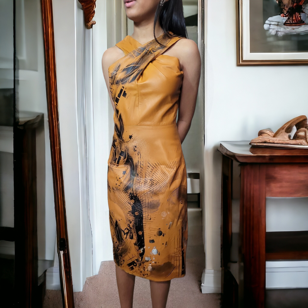 One of A Kind 90s Vintage Gucci Leather Dress Lucille Golden Vintage × Dig Ferreira Forged in Armor Hand Painted Leather Dress Size 8