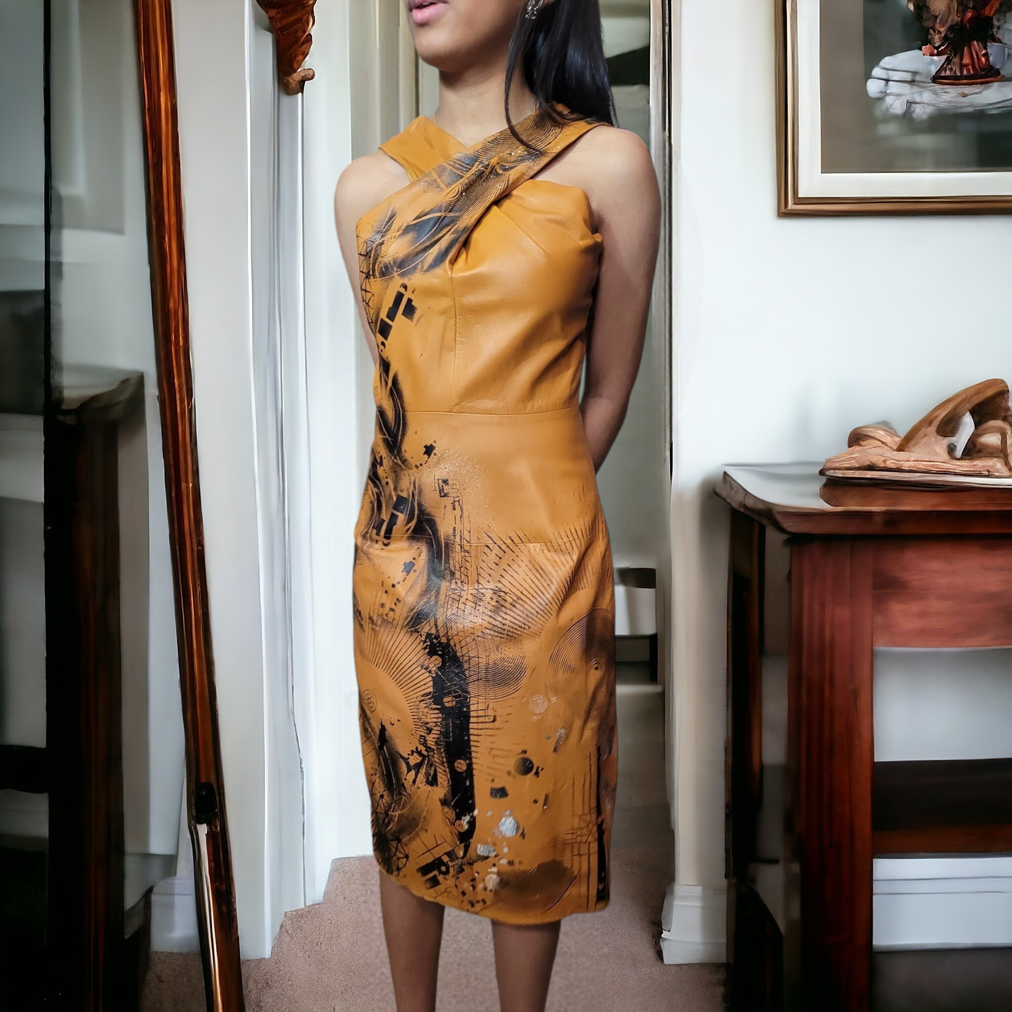 One of A Kind 90s Vintage Gucci Leather Dress Lucille Golden Vintage × Dig Ferreira Forged in Armor Hand Painted Leather Dress Size 8
