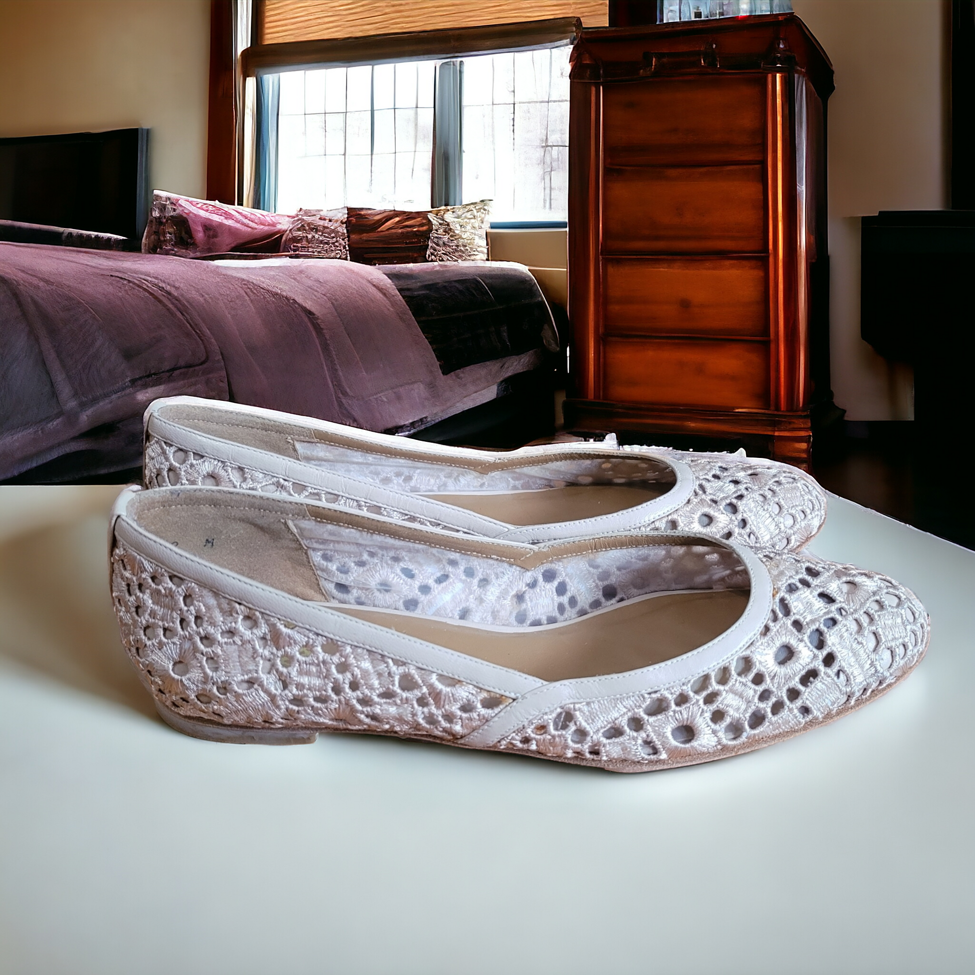 Stuart Weitzman Lace Ballerina Bridal Flats Shop Lucille Golden Vintage Designer Shoes Preowned Bridal