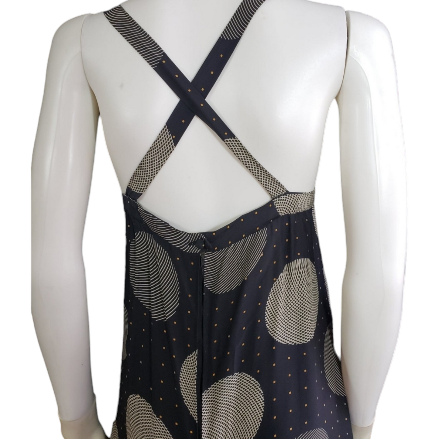 1970s Vintage Summer Dress Scali Silk Halter Navy Graphic Polka Dot  Maxi Dress  Made in France Size S