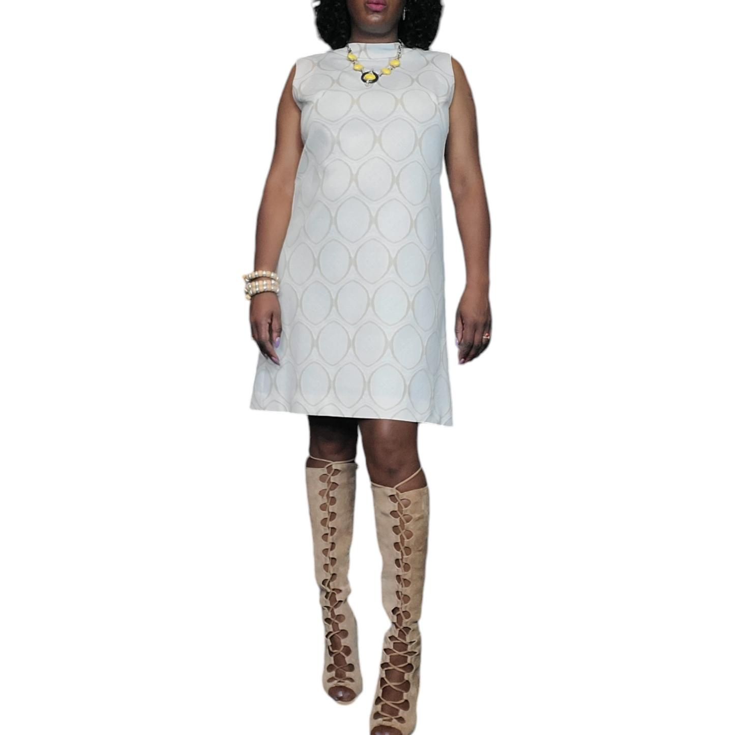 1960s Vintage Mod Shift A Line Dress Cream/Tan Size L