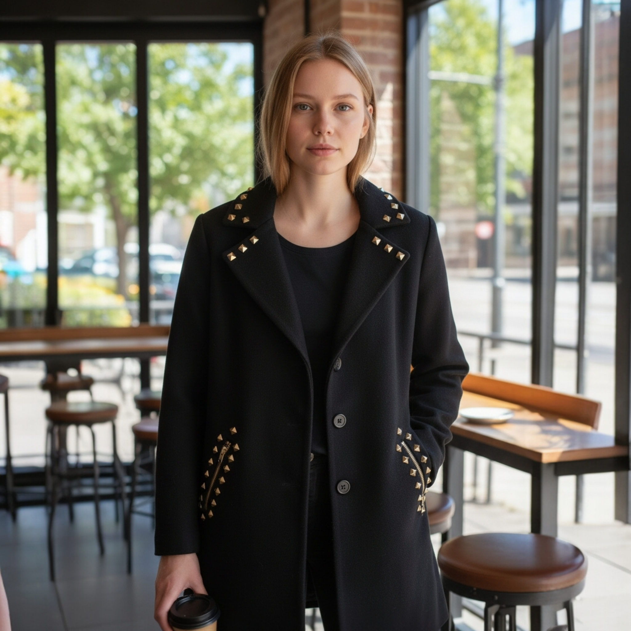 2000s Black Moschino Rock Stud Wool Pea Coat Size L