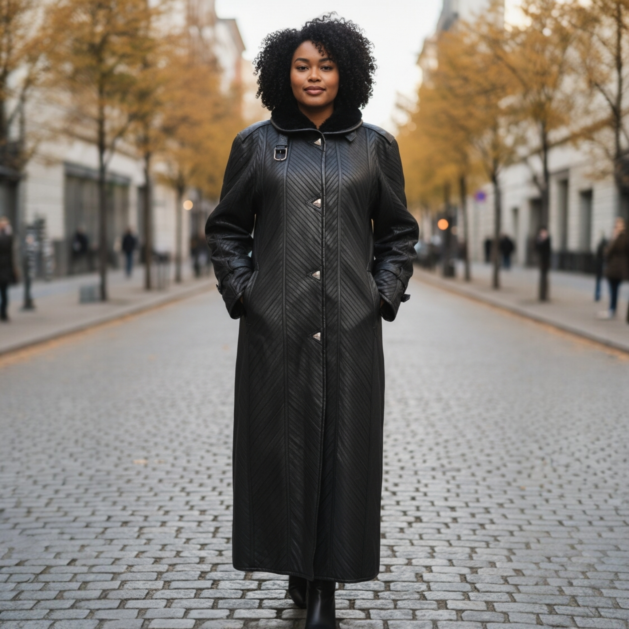 Vintage Black Pleated  Maxi Leather Coat Size L