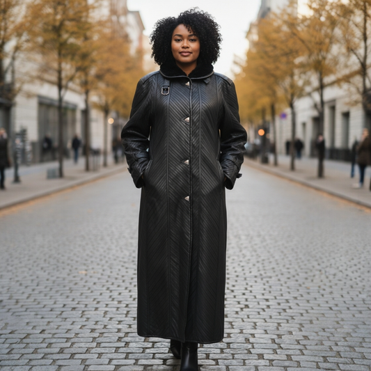 Vintage Black Pleated  Maxi Leather Coat Size L