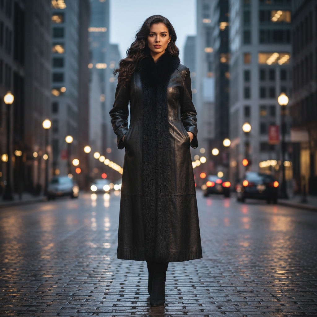 80s Vintage Fox Fur Trim Full Length Black Leather Coat Size M