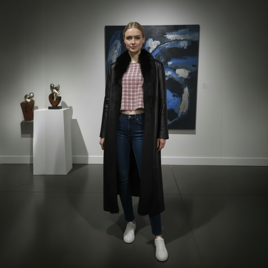 80s Vintage Fox Fur Trim Full Length Black Leather Coat Size M